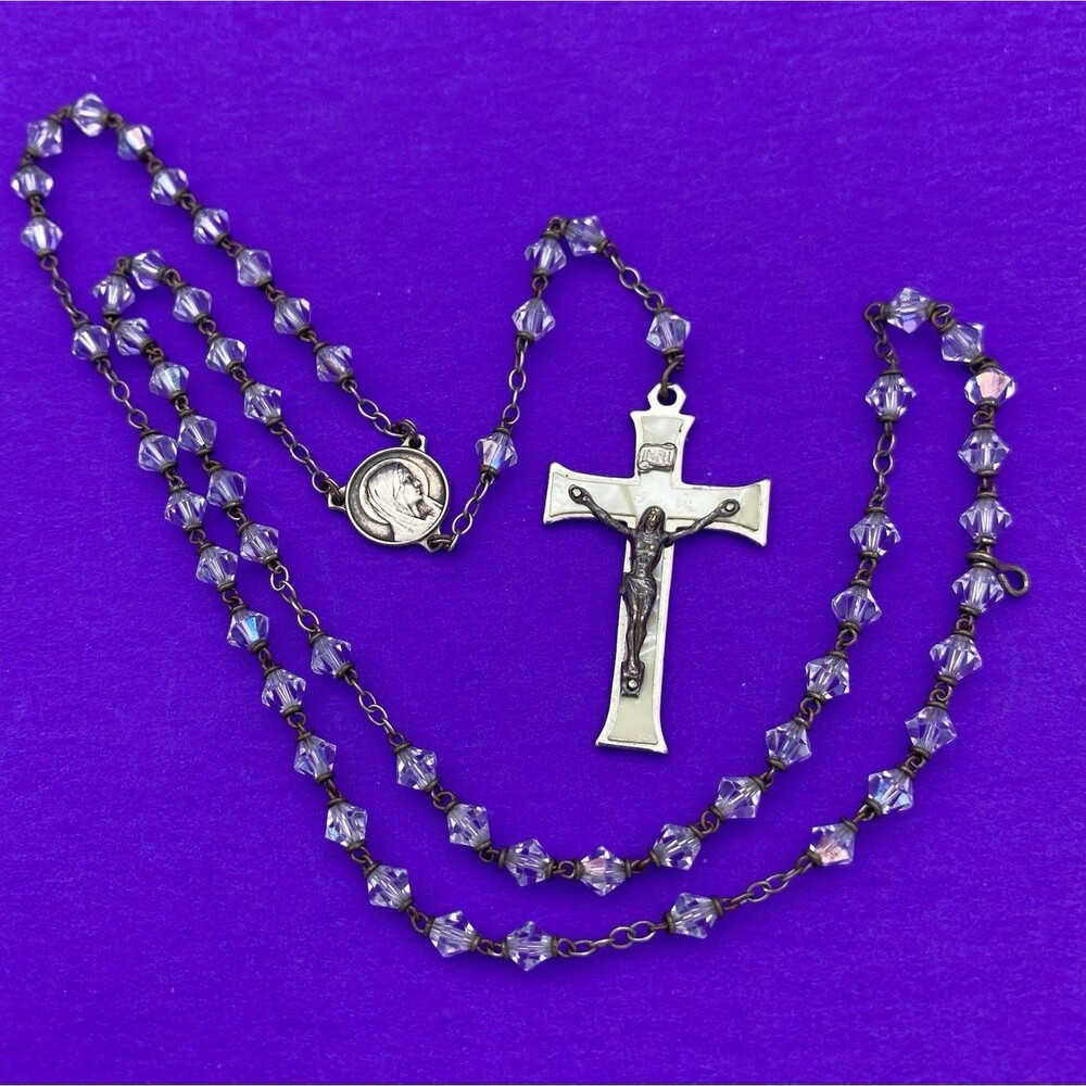 Vtg Aurora Borealis Crystal Bicone Faceted Glass Petite Rosary, MOP Crucifix,15”